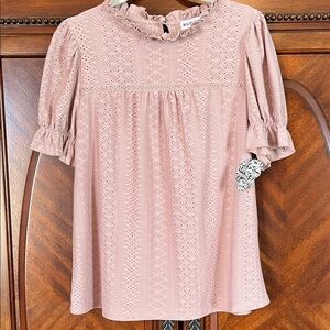 Elings NWT Pink Eyelet Blouse with Ruffle Collar